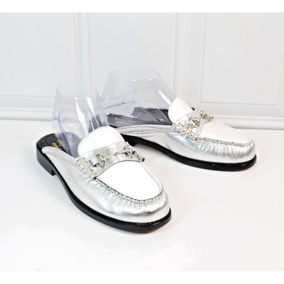 G.H. Bass Weejuns Lianna Mules Silver & White Leather Slides 7.5M US NEW - Picture 1 of 8